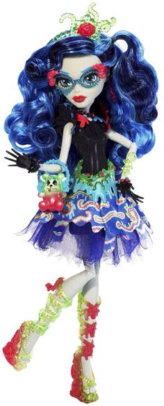 a doll with blue hair and green eyes holding a teddy bear in her hand,