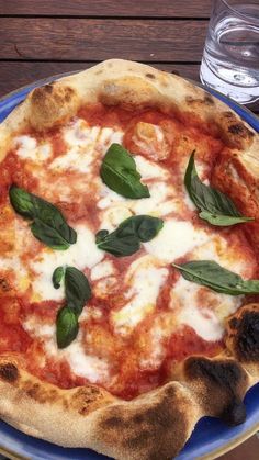 a pizza sitting on top of a blue plate covered in cheese and spinach leaves