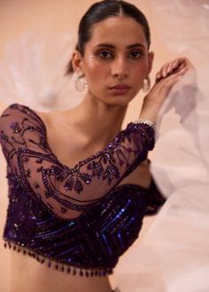 A purple mermaid style lehenga highlighted with sequin and geometrical intricate patterns paired with blouse and dupatta. Mermaid Lehenga, Purple Lehenga, Shimmer Fabric, Purple Mermaid, Nyc Studio, Vacuum Storage, Lehenga Blouse, Purple Blouse, Mermaid Style