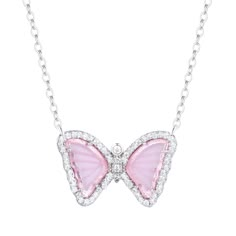 A new take on our best-selling butterfly necklace! Now available in this beautiful light pink simulated morganite. Butterflies represent hope and transformation. Simulated morganite (pink glass) Crystal pave Gold-plated, 925 sterling silver Adjustable slider chain up to 18" Dimensions: 18x12mm Pink And Silver Necklace, Pink Butterfly Necklace, Tina Kunakey, Mini Butterfly, Doll Closet, Gold Glasses, Professional Jewelry, Pink Jewelry, Pink Necklace