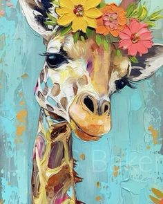 a painting of a giraffe with flowers on its head