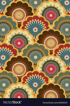 an abstract floral design in red, yellow and blue colors on a beige background with circles