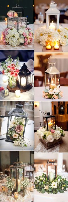 many different pictures of candles and flowers on a table with white linens in them