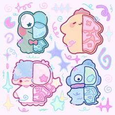 four cartoon characters with different colors and shapes on the same wallpaper, one has a pink