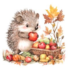 a hedgehog eating an apple next to a basket full of apples and autumn leaves