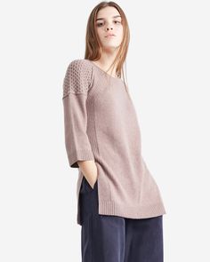 A super soft and supremely cozy cashmere sweater with on-trend, three-quarter bell sleeves. Its draped tunic silhouette contributes to the comfort of this scooped neck sweater. Rich texture and elongated slits are placed for extra detail. / 100% Cashmere / (From S) Length- 30" Chest- 18 1/2". / Style # QW63120 Ethereal Casual, Sweater With Side Slits, Art Ethereal, Tunic Outfit, Reverse Engineering, Fashion Feminine, Heather Brown, Want And Need, Soft Summer