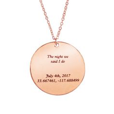 A custom 14k rose gold filled round necklace personalized with a star map based on the date and location you provide.        ◆  Quick Turnaround 3-5 days!        ◆ Fast Shipping!◆  Jewelry couss in a luxurious jewelry box! ----------------HOW TO ORDER----------------Simply enter the date and location in the Add your personalization box  on the upper right hand side before adding to cart.For Back Engraving select Add Back Engraving and let us know what you want in the add a note box at checkout.- Rose Gold Round Necklace With Laser Engraving, Rose Gold Laser Engraved Jewelry, Laser Engraved Rose Gold Round Jewelry, Laser Engraved Round Rose Gold Jewelry, Rose Gold Laser Engraved Round Pendant Necklace, Map Jewelry, Luxurious Jewelry, Necklace Star, Gold Filled Necklace