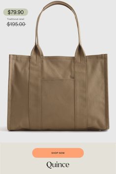 Our 100% Organic Canvas Large Tote is a versatile everyday carryall designed to meet all your needs. This spacious canvas tote features a secure zip closure, multiple pockets, and ample room for your daily essentials. Crafted from GOTS-certified organic cotton and featuring a water-resistant coated lining, this piece prioritizes both responsibility and durability.  | Quince | Women's 100% Organic Canvas Large Tote in Vintage Olive, Organic Cotton Gold Chain Link Necklace, Leather Jacket With Hood, Bezel Necklace, Black Sand, Daily Essentials, Bezel Diamond, Gold Hoops, Chain Link Necklace, Large Tote