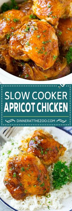 slow cooker apricot chicken with white rice and parsley on the side