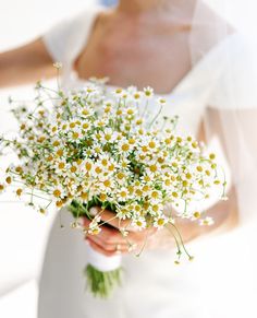 a bride holding a bouquet of daisies in her hands