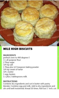 the recipe for homemade biscuits is shown on a red plate with green trimmings