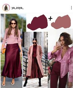 Silk And Denim Outfit, Satin Skirt Outfit Midsize, Interesting Color Combinations Outfits, Fall 2023 Fashion Trends Women Work, Deep Autumn Summer Outfits, Color Matching Clothes Women, Pink Combination Outfit, Pink Color Combinations Outfit