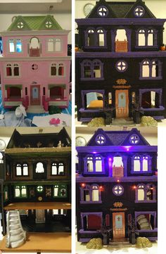 two pictures side by side one has a doll house and the other has a toy car