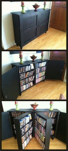 an entertainment center made out of a cabinet with several movies on the top and bottom shelves