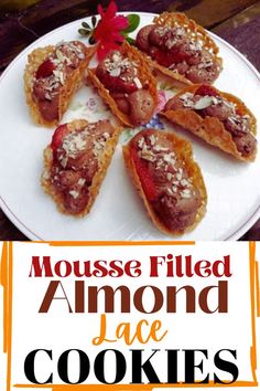 a plate with cookies on it and the words mousse filled almond jale cookies