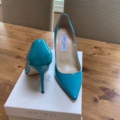 The Most Gorgeous Turquoise Color Ever In These Stunning Patent Classic Heels From Jimmy Choo Sexy 3.5” Stiletto Heel On A Leather Sole. Lots Of Toe Cleavage. Elegant & Inviting. Nib. Some Marks On Sole From Store Stickers And Trying In Store. Love These. Actually Quite Comfortable But I Have A Lot Of High Heels So Trying To Sell A Few Of The Unworn Ones As It Might Be Easier But If It Doesn’t Happen, Will Have To Give In And Wear A Few Times & Sell As Nearly New. So Act Quickly. Shoe Bag. Box S Elegant Turquoise Evening Heels, Chic Turquoise Heels For Evening, Chic Turquoise Pointed Toe Heels, Turquoise Pointed Toe Party Heels, Chic Turquoise High Heels, Coolest Shoes, Jimmy Choo Heels, Patent Heels, Classic Heels