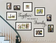 the family wall decals are on display in this home's entryway, with stairs leading up to it