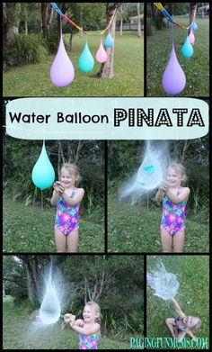 a collage of photos showing different stages of water balloon pinata