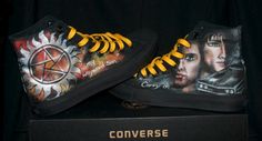 a pair of converse shoes painted with the characters from harry potter and hermilies