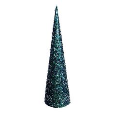 a blue glitter cone shaped tree on a white background