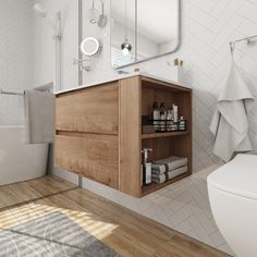 a bathroom with a sink, mirror and toilet in it's corner next to a bathtub