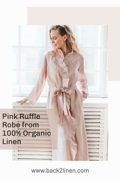 This linen robe is beautiful and super comfortable. It's created from soft organic linen, so it'll feel gentle against your skin. #linen #linenlove #linenrobe #linenbathrobe #robe #bathrobe #pink #pinkrobe #pinkbathrobe #dressinggown #loungewear #organic #ruffles #rufflerobe #rufflebathrobe #weddingrobe #wedding #natural #luxury #plussize #plussizerobe #plussizeclothing #blus #dustypink #linenclothing