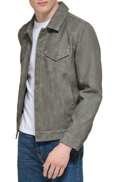 Bring a bit of rock 'n' roll to your day-to-day with this classic trucker jacket updated with a sleek faux-leather fabrication. 25 1/2" length (size medium) Spread collar Button cuffs Lined 100% polyurethane Machine wash, tumble dry Imported Leather Trucker Jacket, Trucker Jacket, Rock N Roll, Levi's, Light Grey, Faux Leather, Nordstrom, Sleek, Bring It On