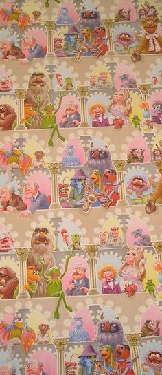 the wall paper has many cartoon characters on it