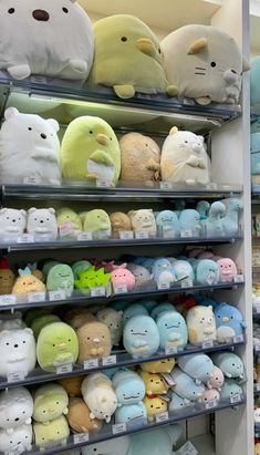 many stuffed animals are on shelves in a store