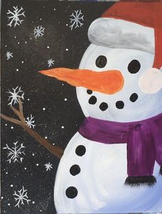 a painting of a snowman wearing a red hat and scarf, with stars in the background