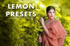 a woman in an orange dress standing next to some bushes and trees with the words lemon presets on it