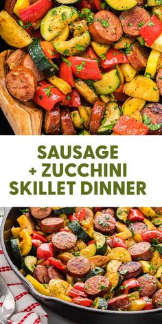 sausage and zucchini skillet dinner with text overlay