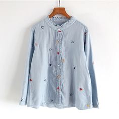 bust 108cm, length 61-65cm, shoulder 41cm, sleeve length 55cm Casual Long Sleeve Blouse With Multicolor Embroidery, Embroidered Long Sleeve Light Blue Blouse, Light Blue Cotton Embroidered Shirt, Light Blue Embroidered Cotton Shirt, Blouses 2022, Red Lace Midi Dress, Love Embroidery, Delicate Embroidery, Embroidery Cotton