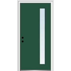 a green door with white trim on the side and black dots in the bottom corner