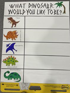 a paper with dinosaurs and words on it