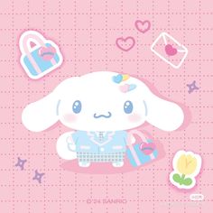 a cute bunny holding a shopping bag and some other items on a pink background with hearts