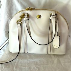 White Saffiano Leather. Two Hang Tags. Measures 12” X 9” X 5”. New Without Tags. Elegant Coach Satchel With Zipper Closure, Coach Sierra, Coach Satchel, Wrist Wallet, Black Leather Satchel, Leather Satchel Handbags, Convertible Bags, Black Leather Bags, Coach Leather