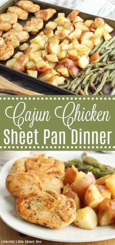 cajun chicken sheet pan dinner on a plate with potatoes and asparagus in the background