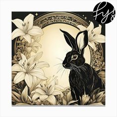 a black and white drawing of a rabbit surrounded by flowers