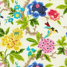 an image of flowers and birds on a white background with blue, yellow, pink, green