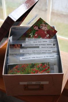 an open box with some pictures in it