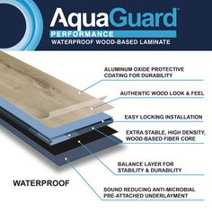 the aquaguard waterproof wood - based laminate flooring is shown with instructions