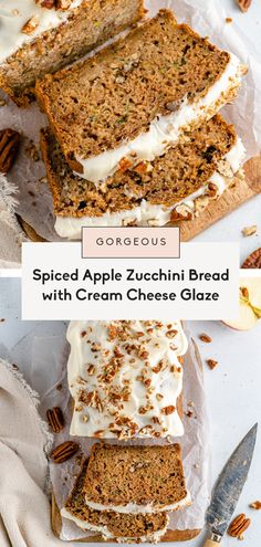 slices of spiced apple zucchini bread with cream cheese glaze and pecans