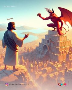 a man standing on top of a building next to a dragon flying over it's head