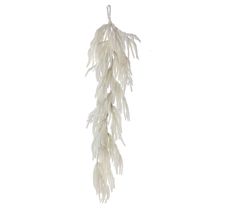 white feathers hang from a string on a white background