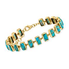 Ross-Simons - Turquoise Bracelet in 18kt Gold Over Sterling. 7". There's always a time for turquoise. Our eclectic bracelet showcases the earthy beauty of 4x8mm rectangular stabilized turquoise cabochons, each with a striking added copper matrix. Finely crafted in polished 18kt yellow gold over sterling silver with a 1" extender. Lobster clasp, turquoise bracelet. Unique Turquoise Bracelet, Turquoise And Gold Jewelry, Purim Costume, Earthy Beauty, Turquoise Gold Ring, Lapis Jewelry, Wrist Accessories, Pearl Bangle, Denim Dresses