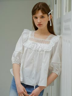 This is a casual and feminine top by DUNDROP that is made out of high quality and sturdy fabric. With trendy design detail and young vibes, you can style it for your romantic, feminine, and casual daily outfit.- Feminine and girly mood- Unique embroidery detail overall- Lace and ribbon detail on the neckline Girly Tops, Doll Blouse, Frill Blouse, Persian Fashion, Feminine Top, Gingham Tops, Girly Fashion, Feminine Style, Daily Outfits