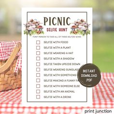 picnic self hunt printable sign on a table with red and white checkered cloth