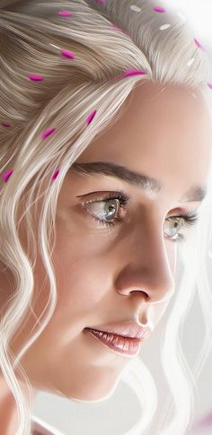 a woman with long blonde hair and pink sprinkles on her face is looking to the side