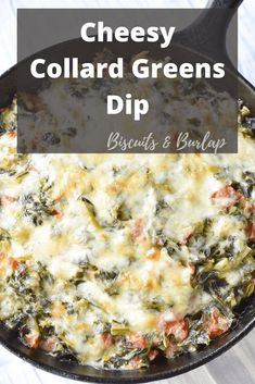 cheesy collard greens dip in a cast iron skillet with text overlay